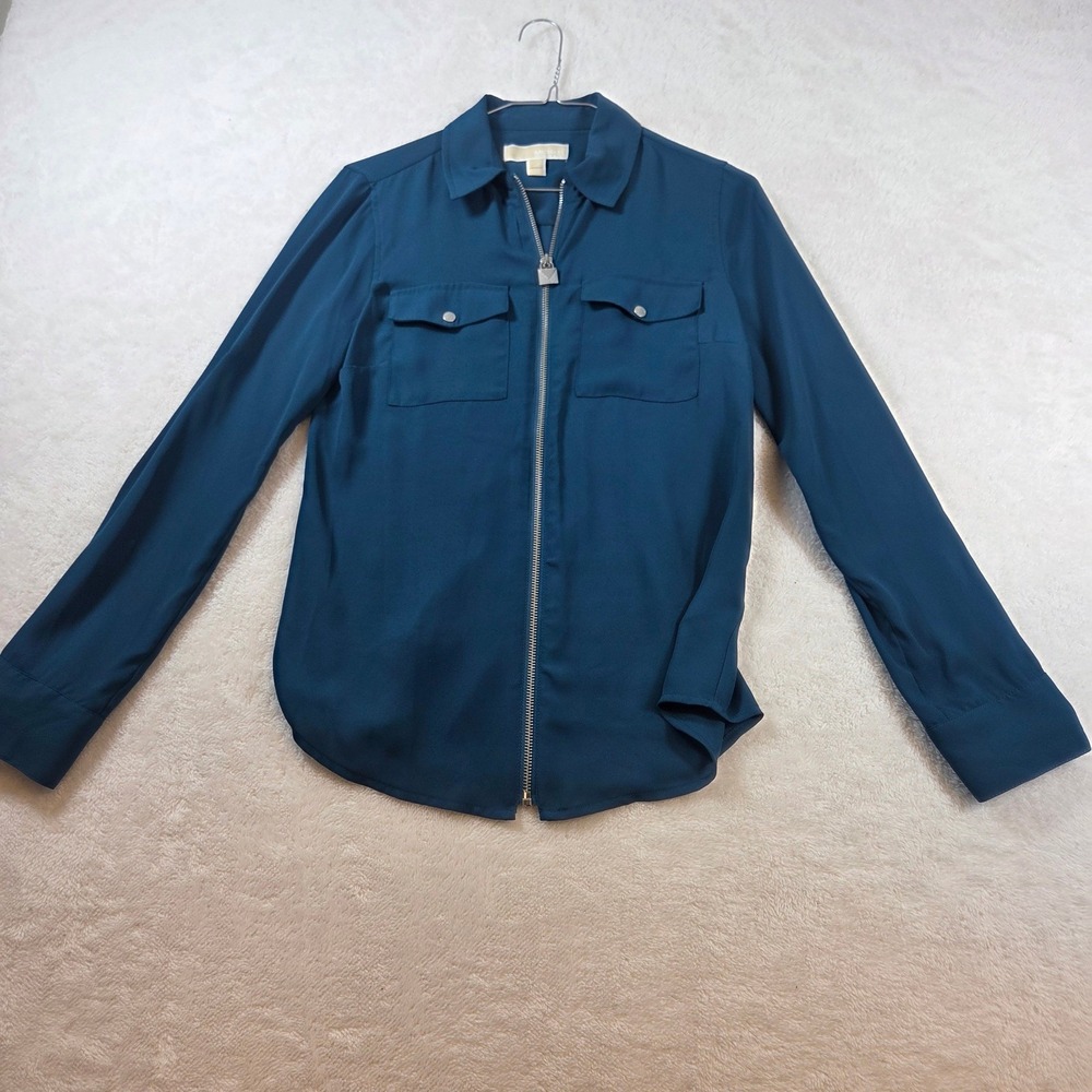 Michael Michael Kors Teal Blue Zip Front Utility Blouse Padlock Pull XS